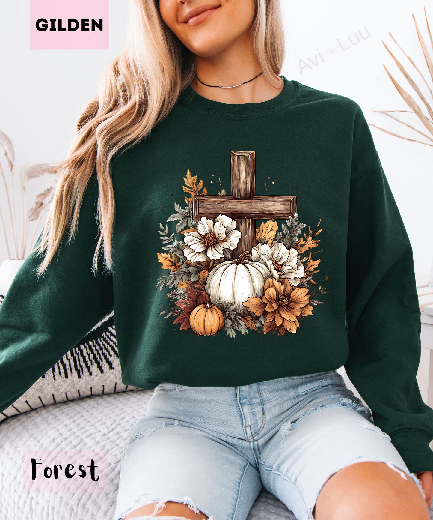 Wooden Cross Pumpkin Flower | Gilden Unisex Sweatshirt