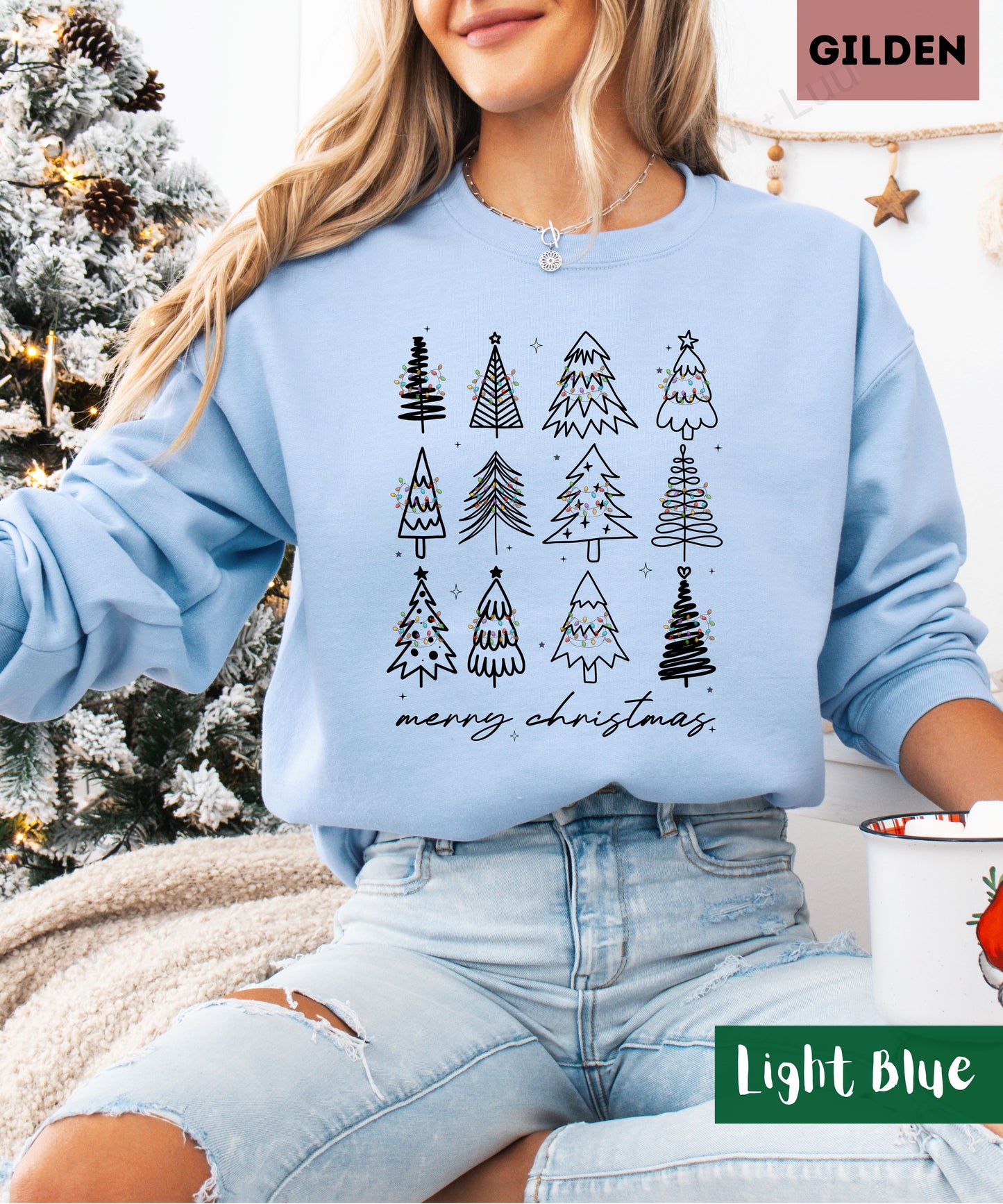 Merry Christmas Outline Trees| Gilden Unisex Sweatshirt