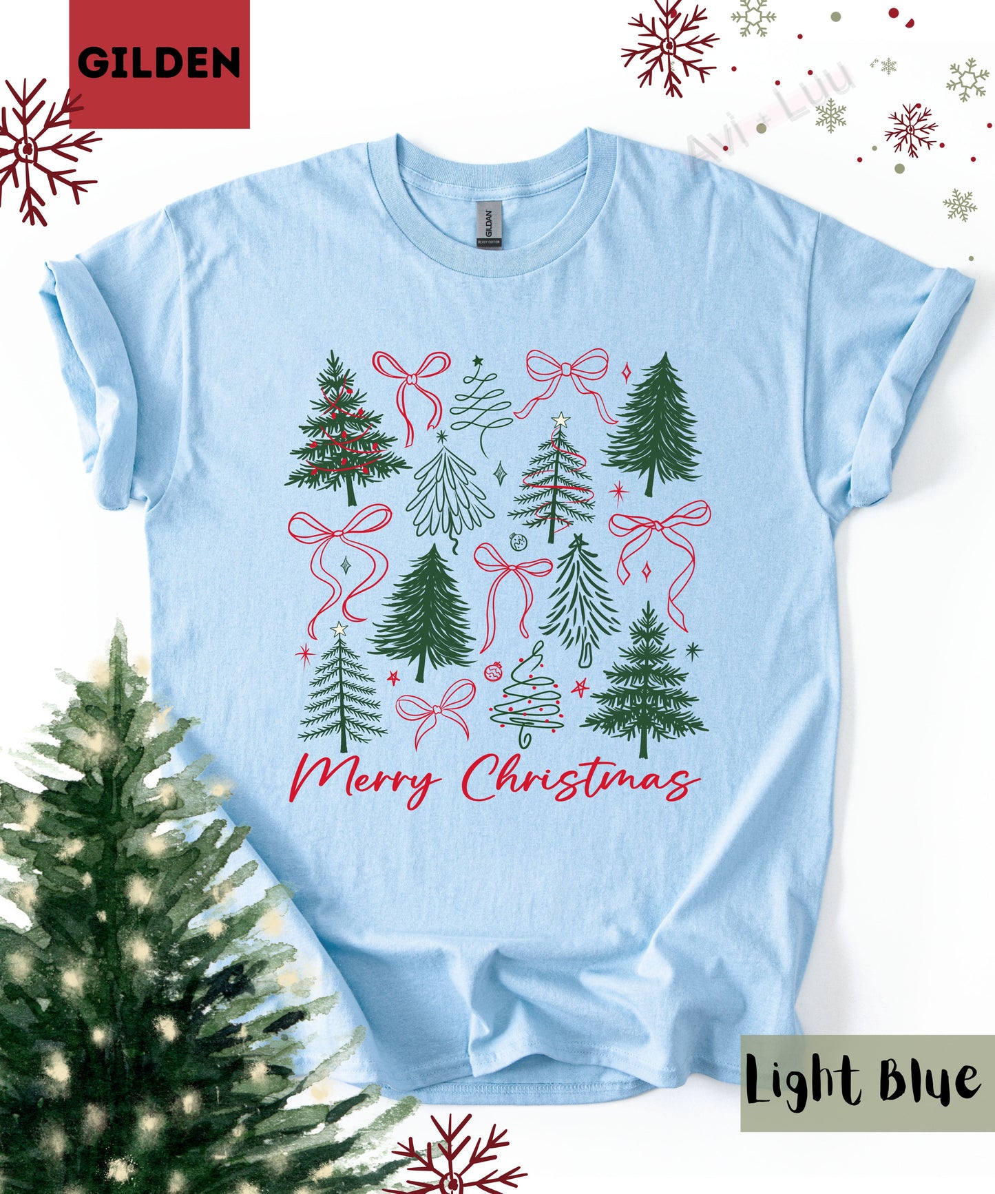 Merry Christmas Bows+Trees | Gilden Unisex T-Shirt