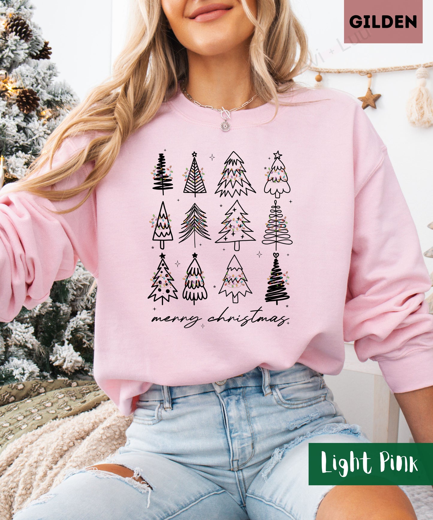 Merry Christmas Outline Trees| Gilden Unisex Sweatshirt