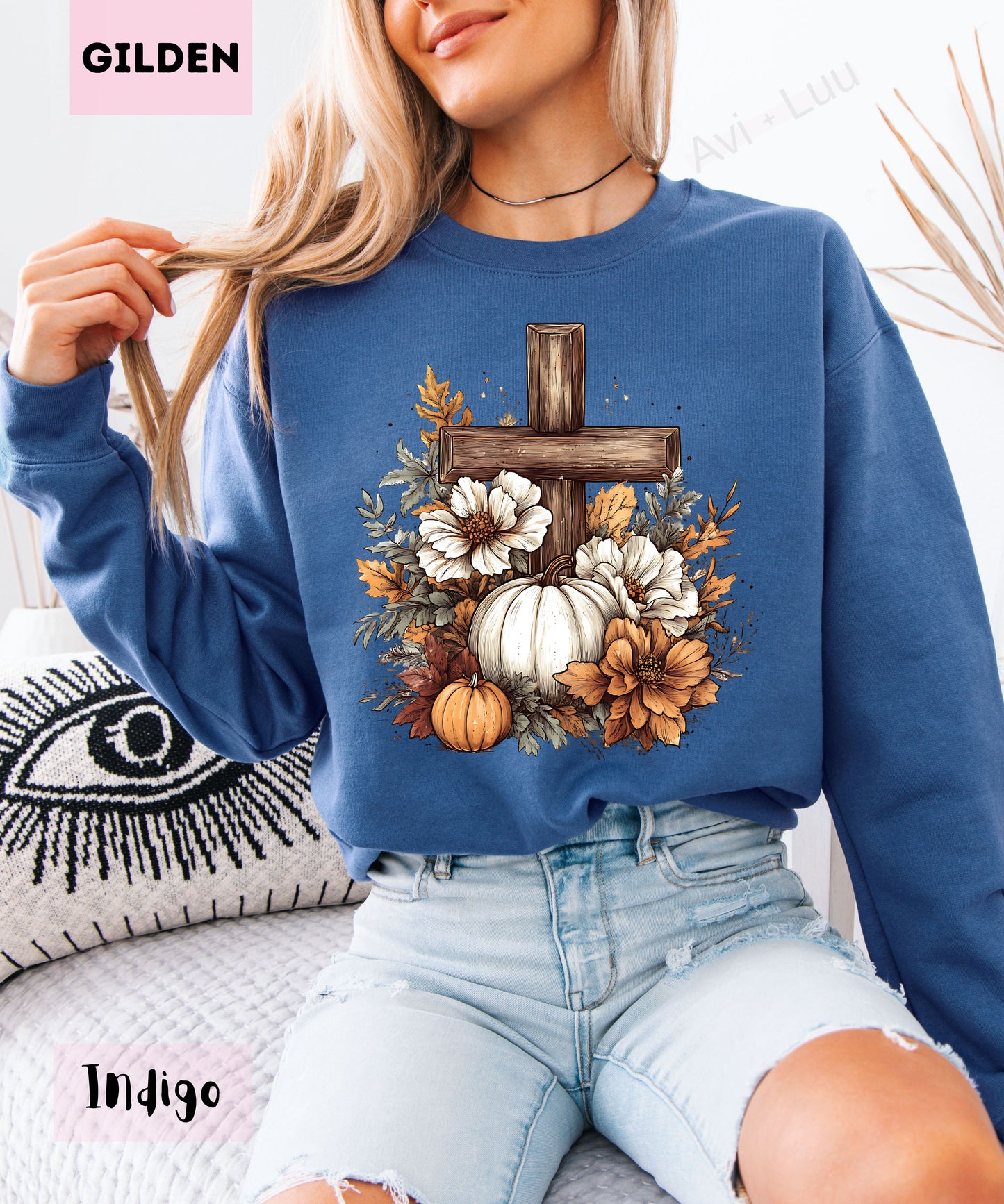 Wooden Cross Pumpkin Flower | Gilden Unisex Sweatshirt