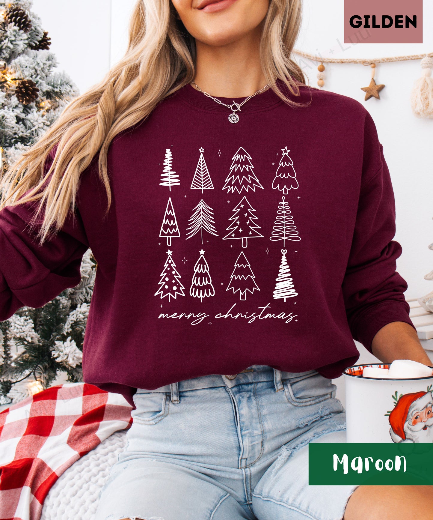 Merry Christmas Outline Trees| Gilden Unisex Sweatshirt