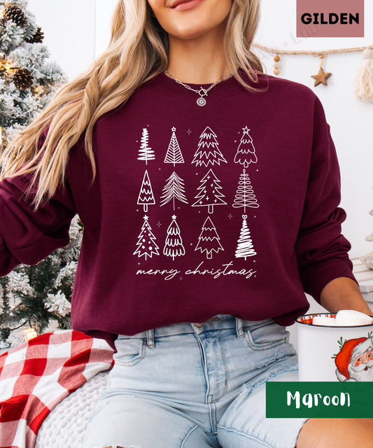 Merry Christmas Outline Trees| Gilden Unisex Sweatshirt