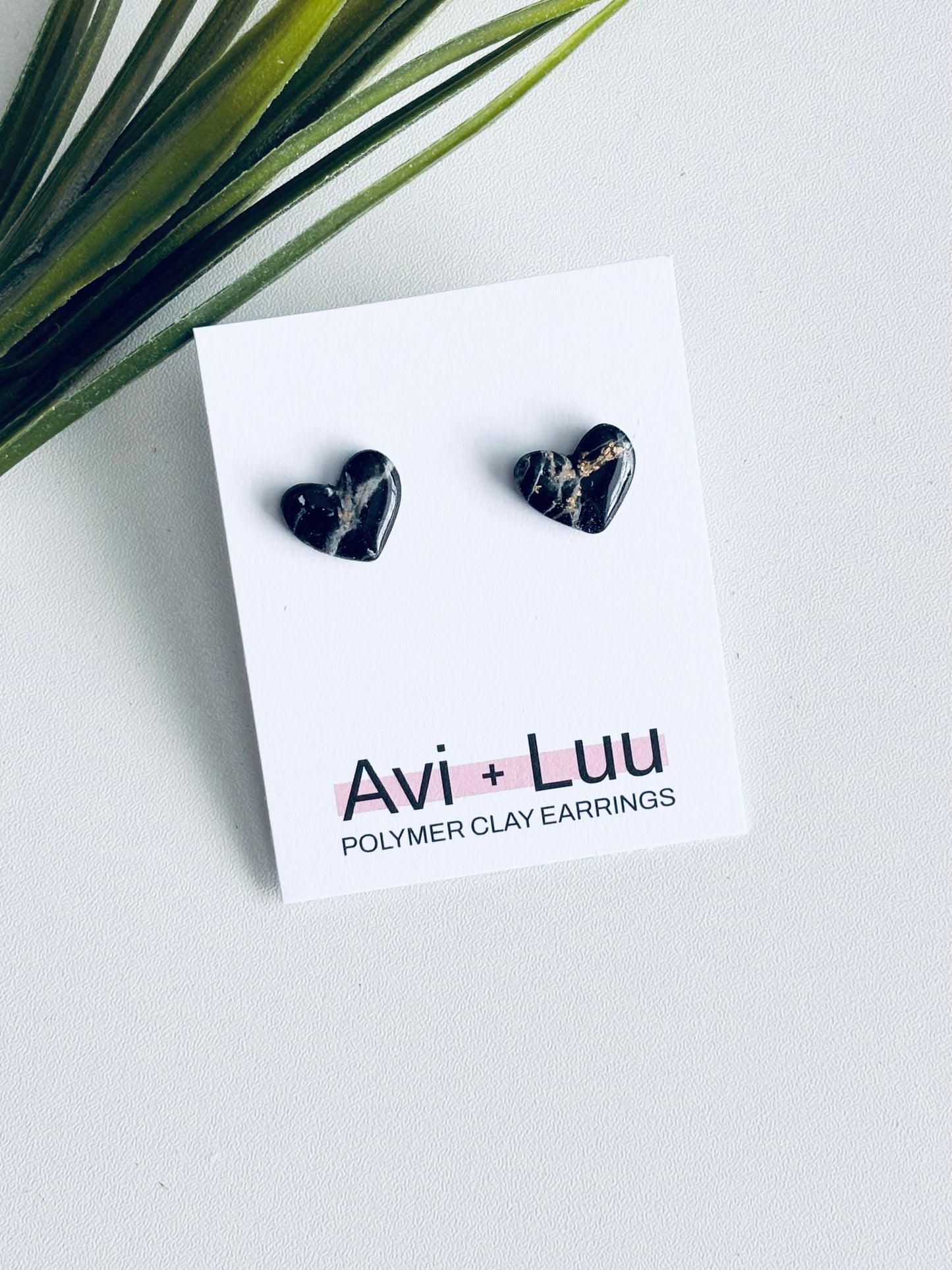 Black Marble Heart Studs